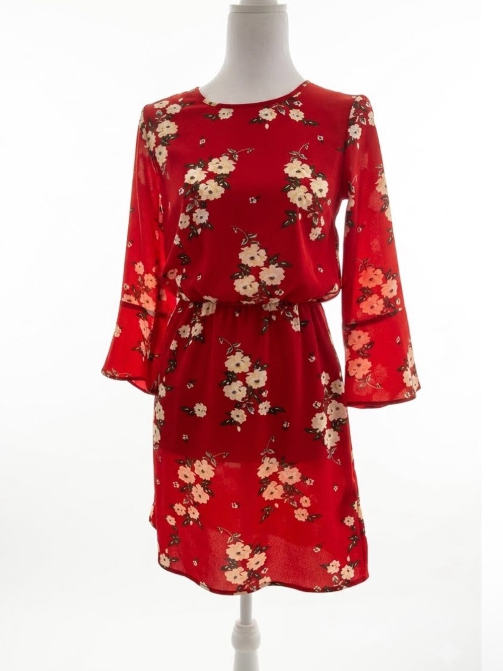 Divided Red Floral Long Sleeve Dress